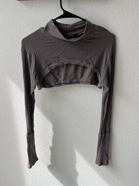 Zoe Shrug by Noctex-Ribbed Long-Sleeve Cutout Crop Top in Taupe